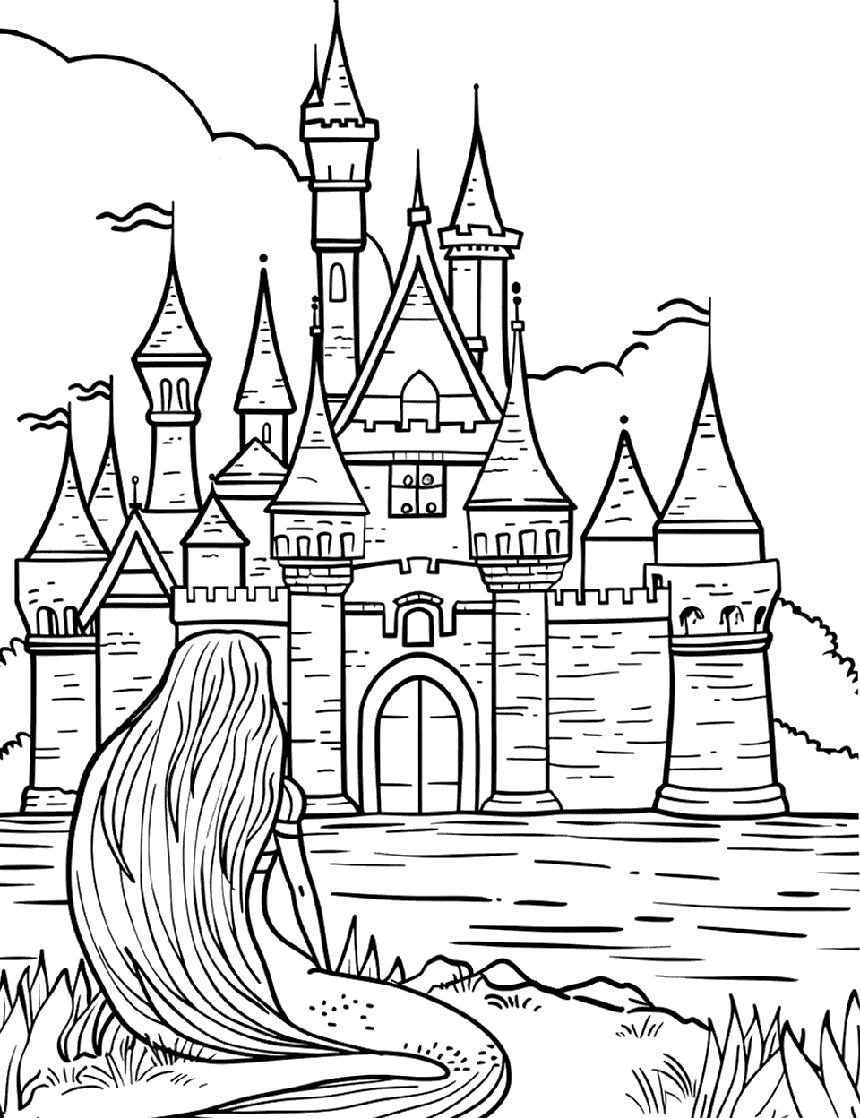 Mermaid by the Castle Moat Coloring Page - A single mermaid sitting by a castle moat, with the castle in the background.