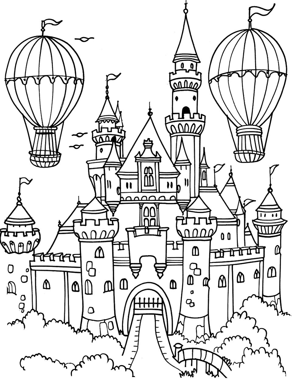 Castle and Hot Air Balloons Coloring Page - Hot air balloons floating near a majestic castle.