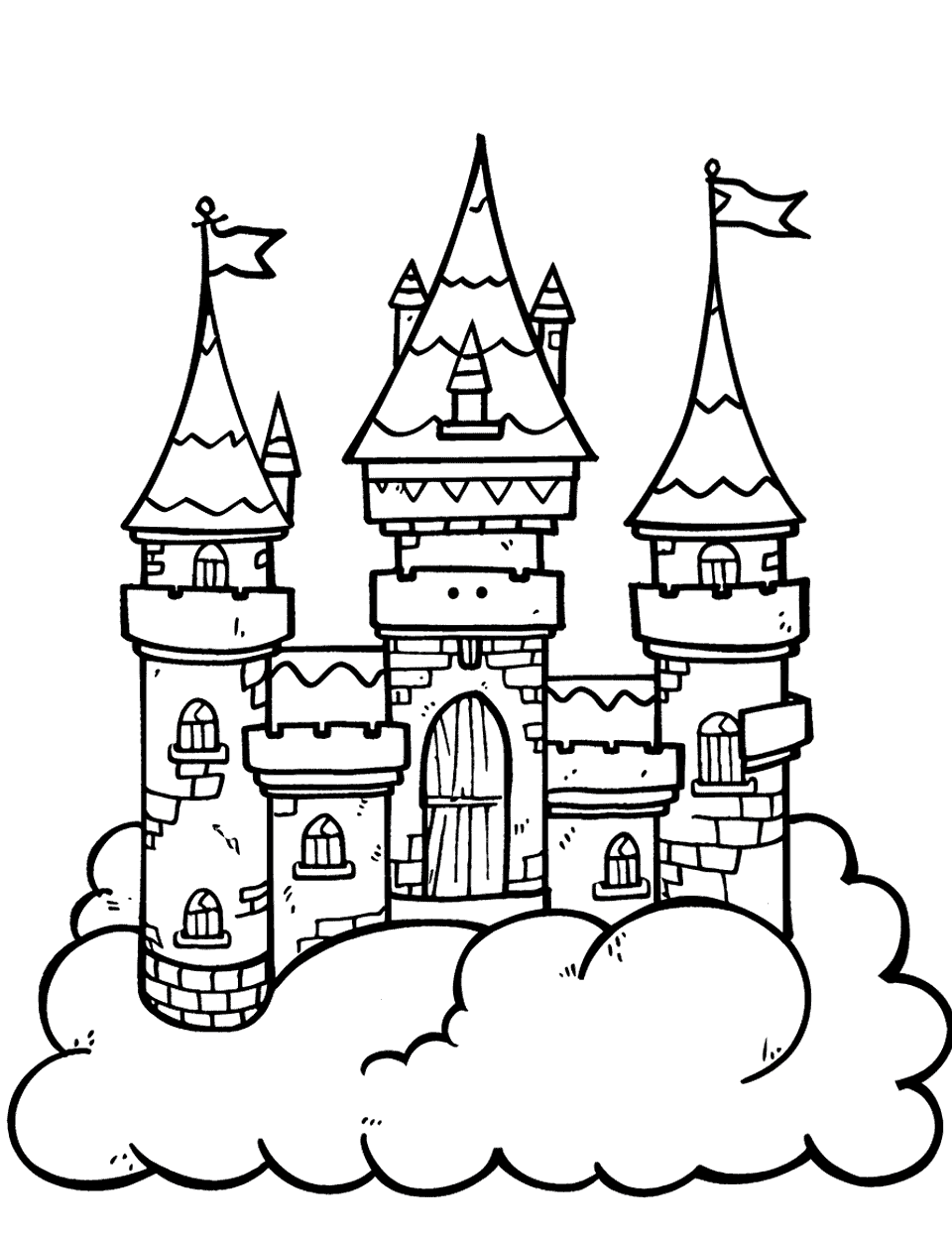 Castle on a Cloud Coloring Page - A whimsical scene with a castle sitting atop a fluffy cloud.