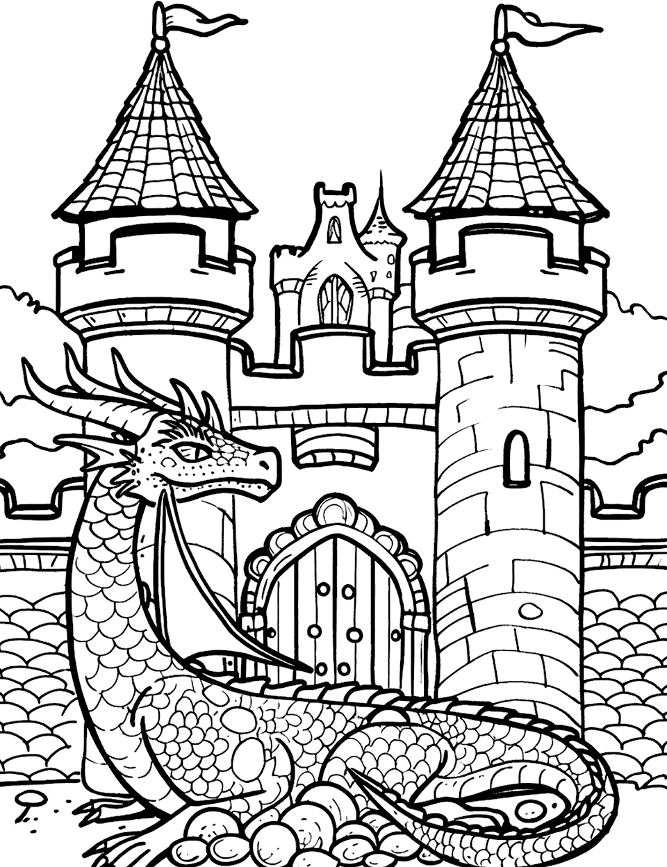 Dragon Guarding Castle Coloring Page - A fierce dragon curled in front of a castle gate.
