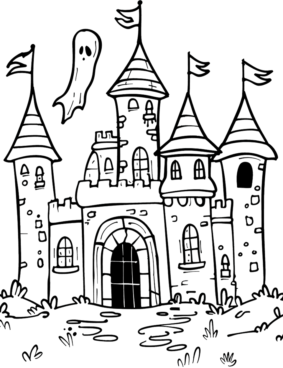 Haunted Castle Coloring Page - A spooky, haunted castle with a single ghost floating in front.