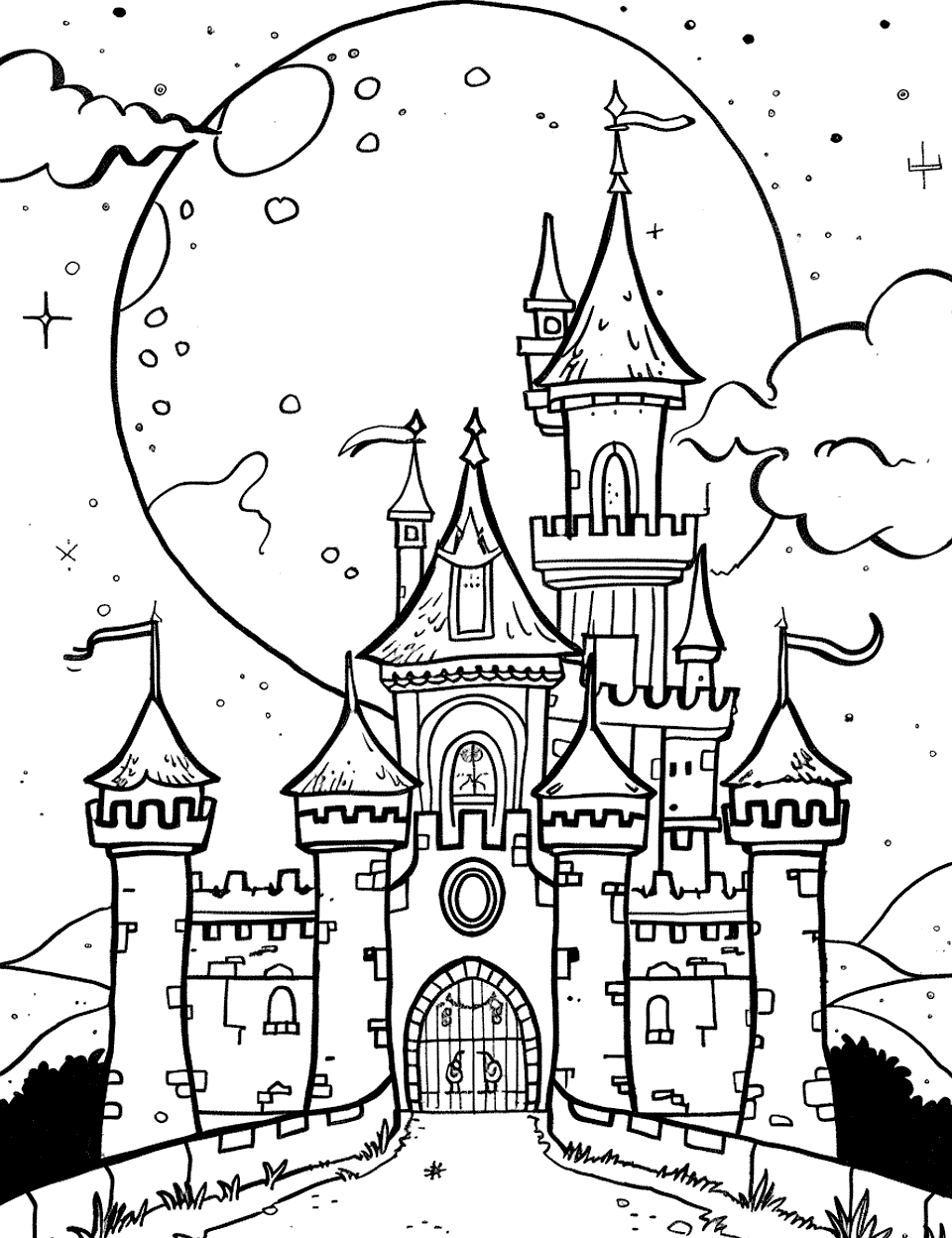 Castle and the Full Moon Coloring Page - A castle at night under the light of a full moon.