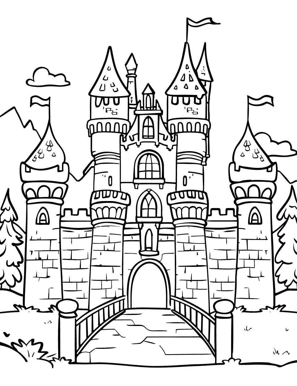 Castle with Drawbridge Down Coloring Page - A welcoming castle with its drawbridge down inviting visitors.