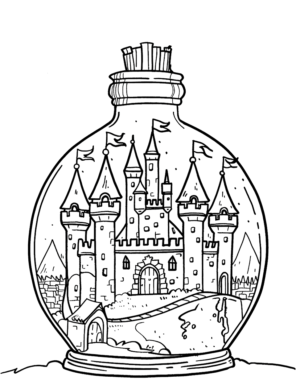 Castle in a Bottle Coloring Page - A fantastical scene of a tiny castle inside a glass bottle.