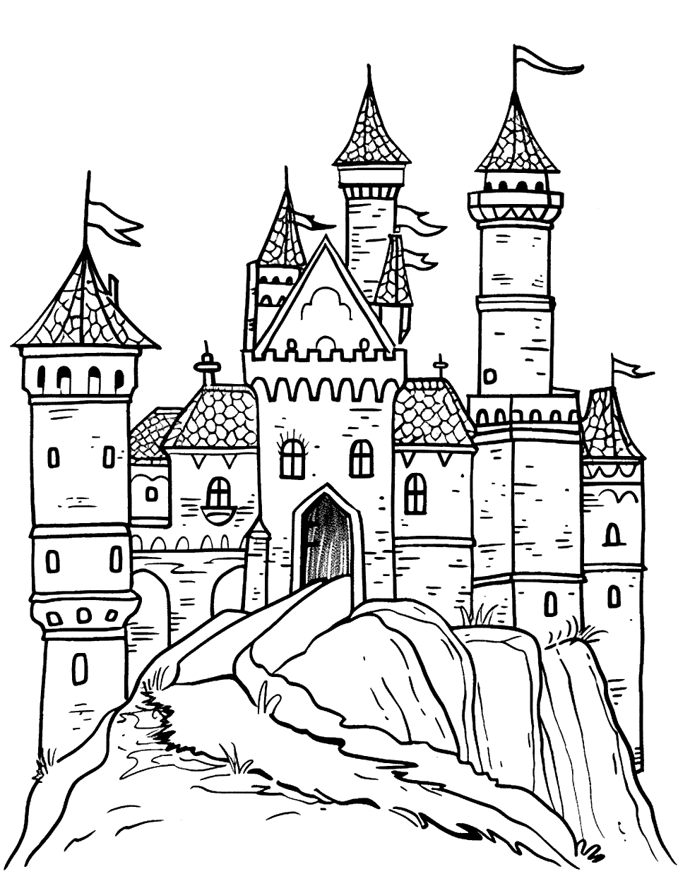 Castle on the Hill Coloring Page - A picturesque castle sitting atop a hill.