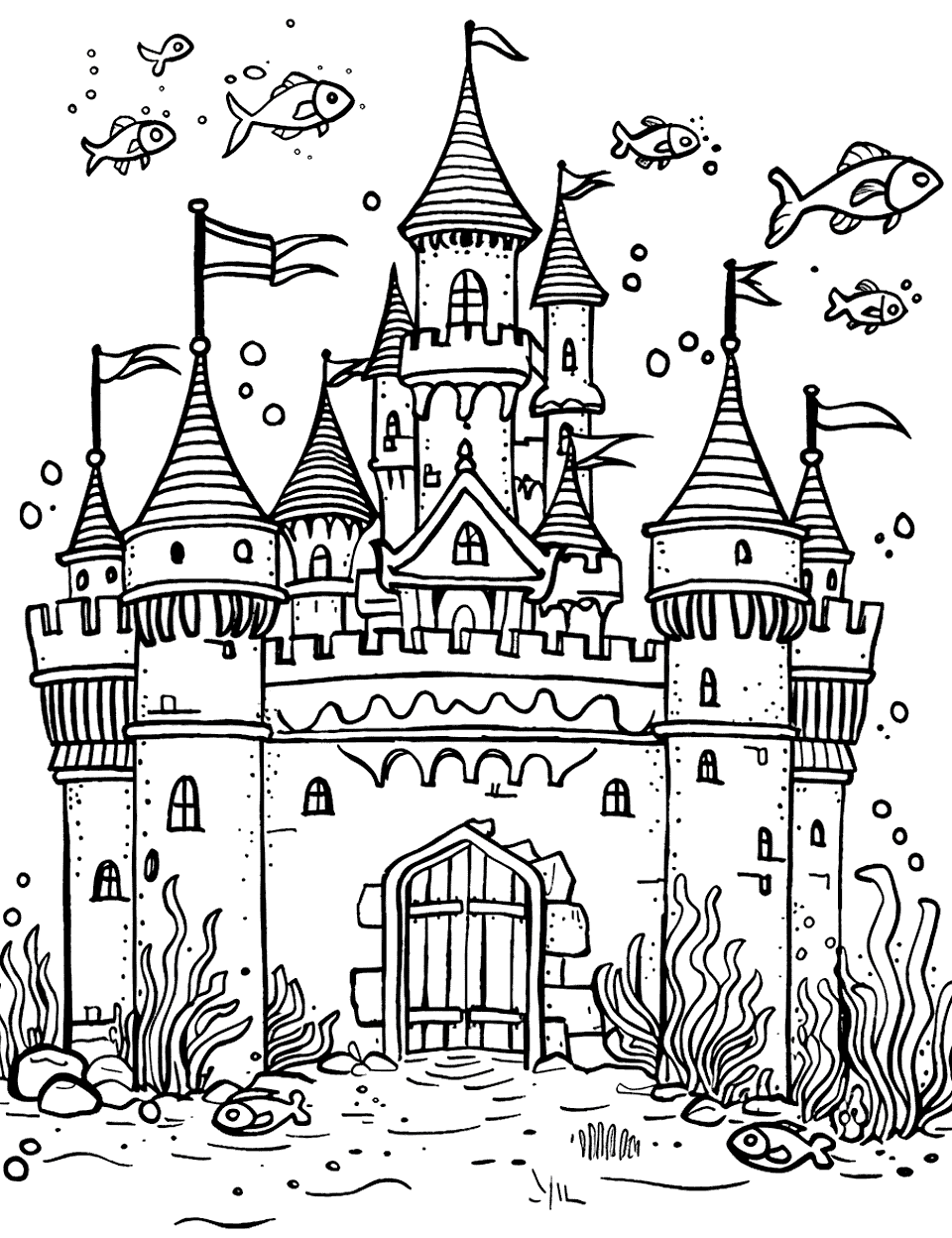 Castle Under the Sea Coloring Page - An underwater scene with a castle surrounded by fish and coral.