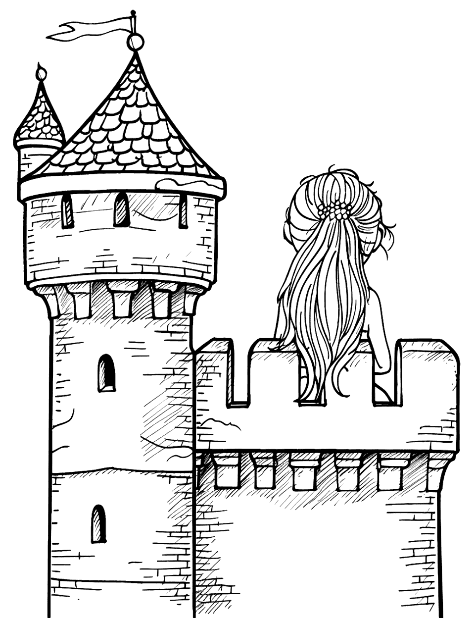 Princess in Tower Castle Coloring Page - A beautiful princess looking out from the highest tower of a fairy castle.