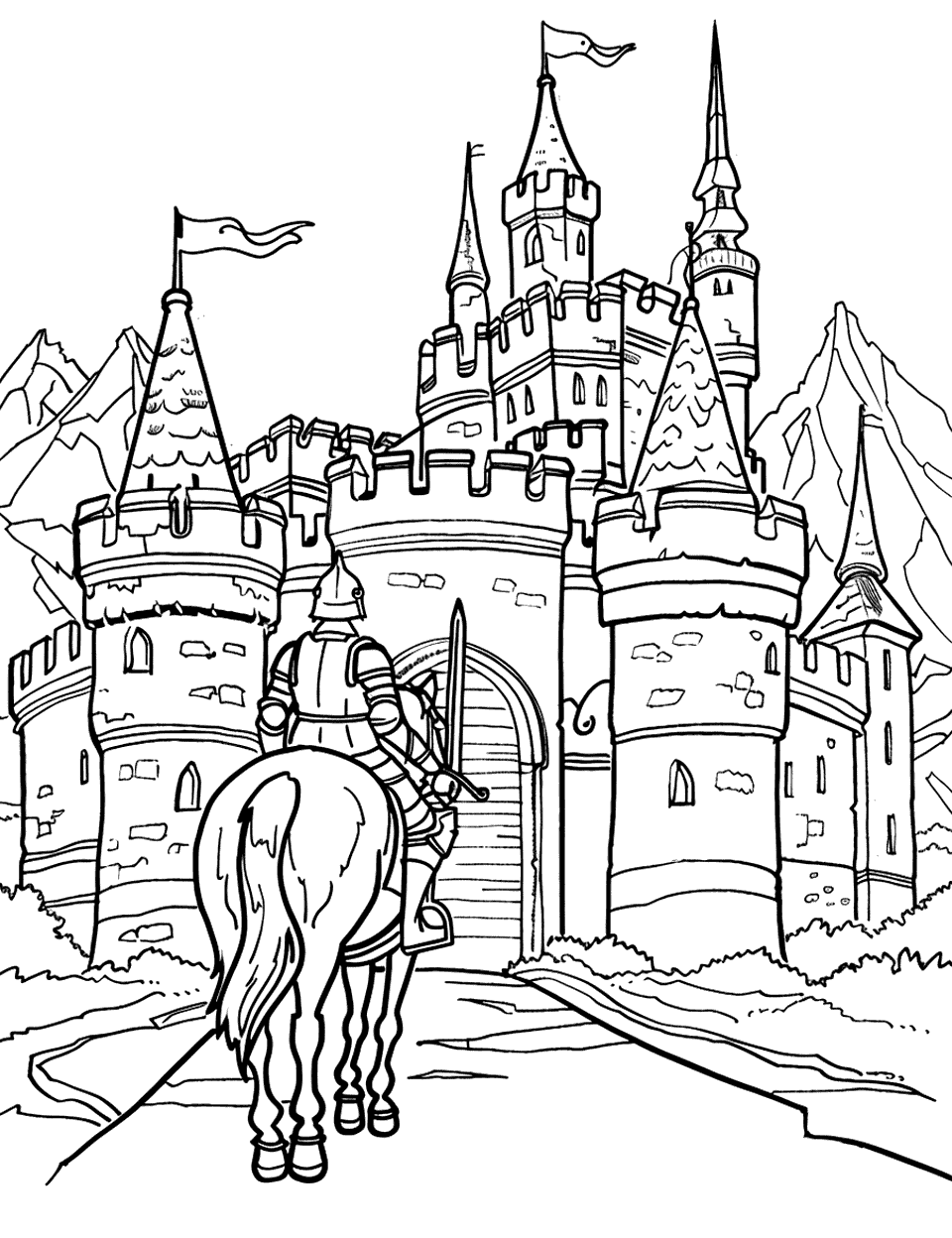 Knight on Horseback Castle Coloring Page - A brave knight in shining armor riding towards a medieval castle.