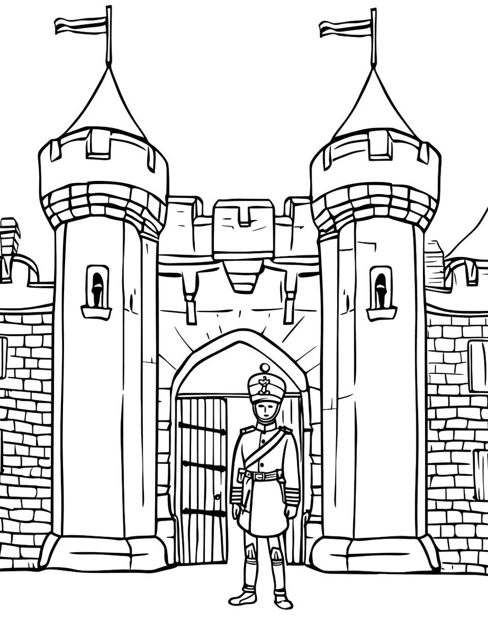 Royal Guard Duty Castle Coloring Page - A royal guard standing at attention at the castle entrance.