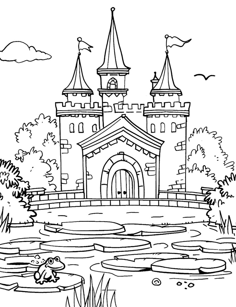 Castle by the Pond Coloring Page - A serene scene with a small castle next to a pond where a single frog sitting on a lily pad.