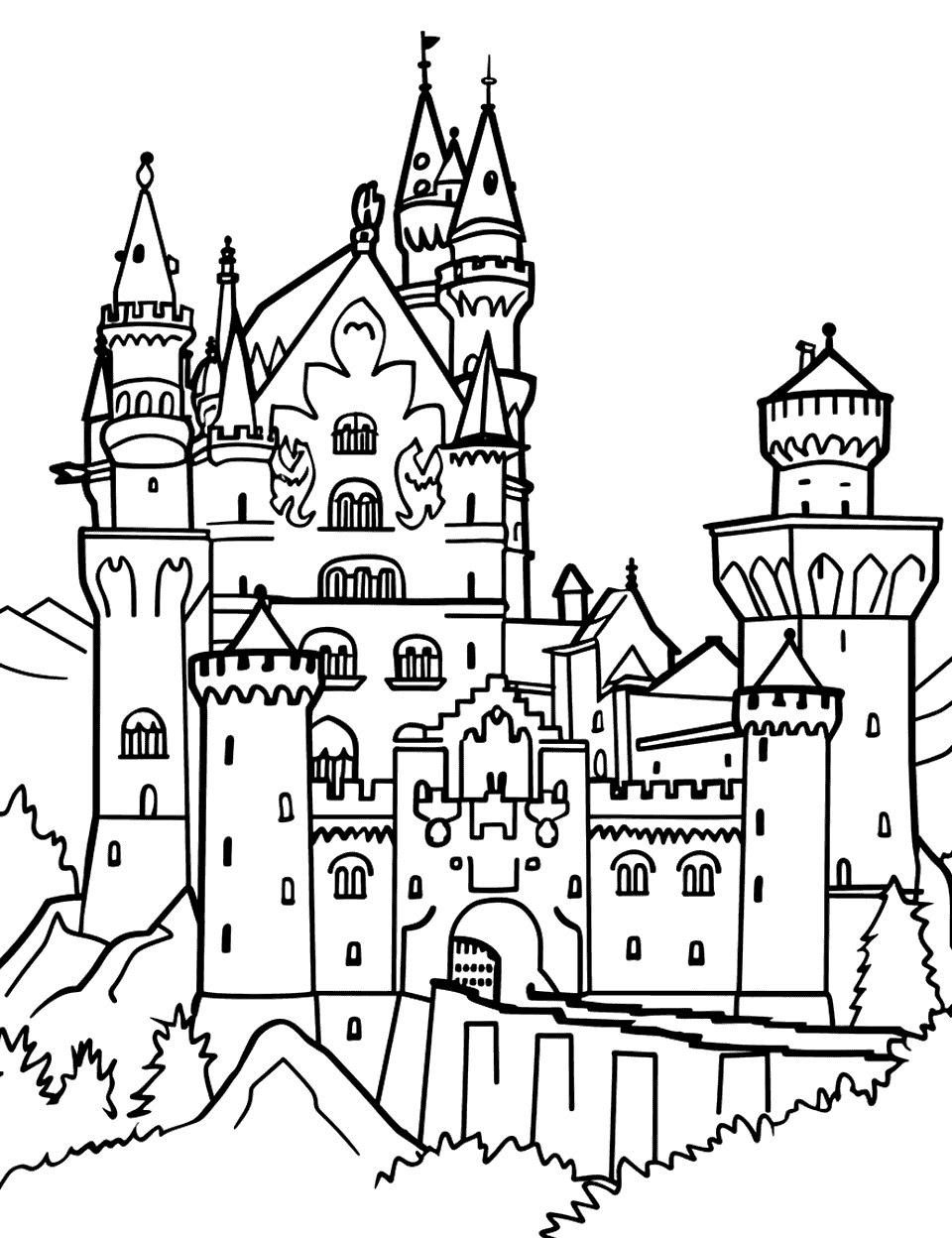 Neuschwanstein Castle View Coloring Page - A majestic view of the Neuschwanstein Castle perched on a rugged hill.