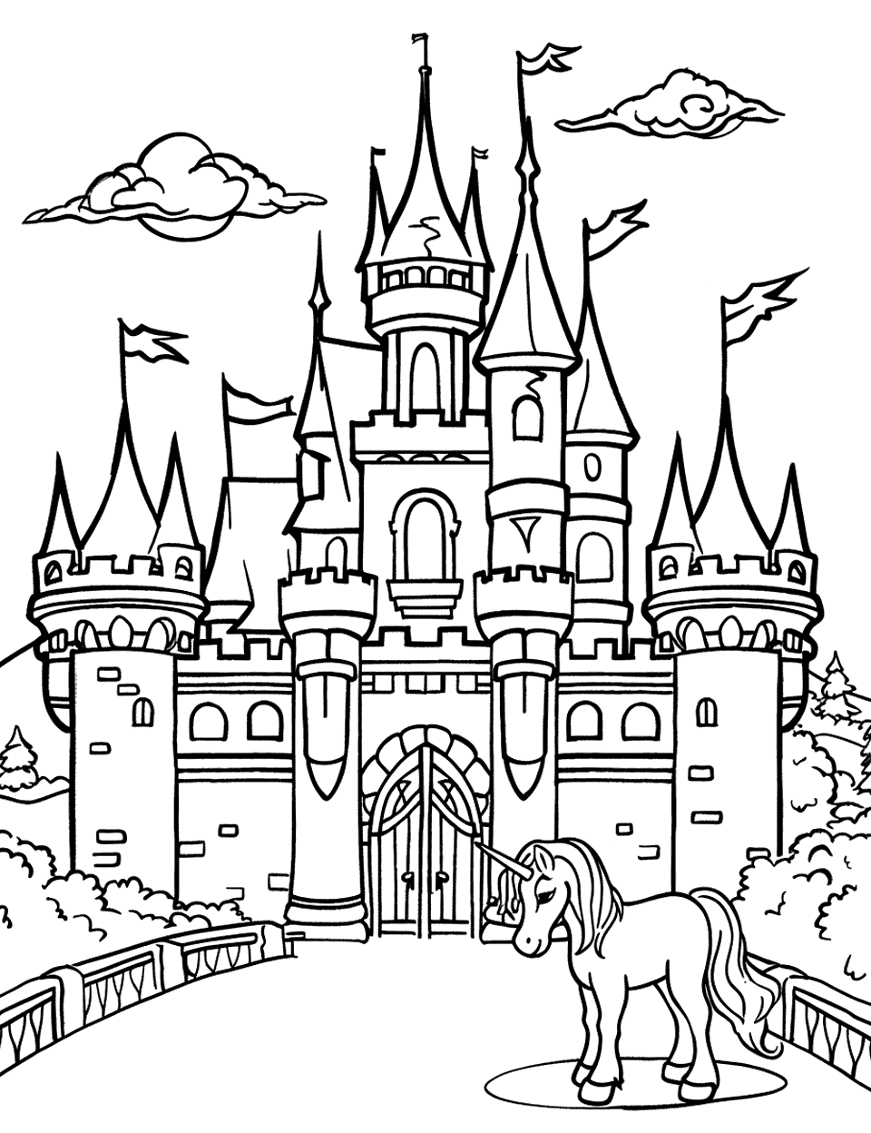 Fairytale Castle and Unicorn Coloring Page - A magical castle with a single unicorn grazing in the foreground.