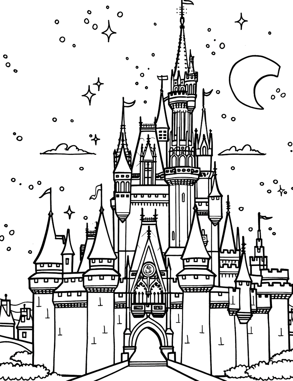 Cinderella's Castle at Night Coloring Page - The iconic Disney Cinderella castle under a starry sky.
