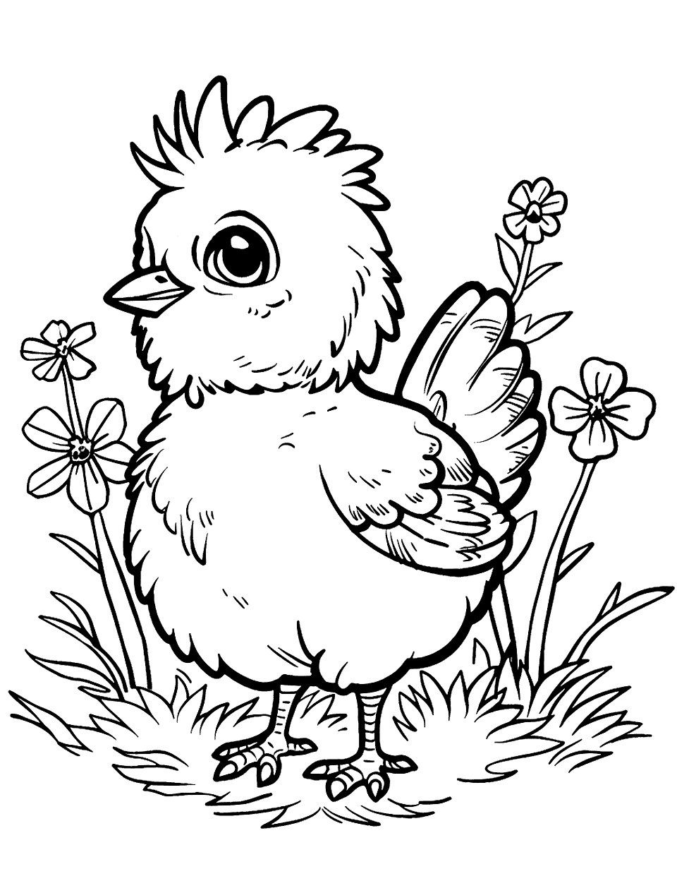 Cute Chicken in a Garden Coloring Page - A fluffy, cute chicken standing in a small garden surrounded by flowers.