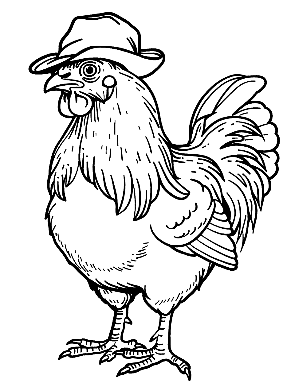 Cool Chicken with a Hat Coloring Page - A cool-looking chicken sporting a stylish hat and a confident pose.