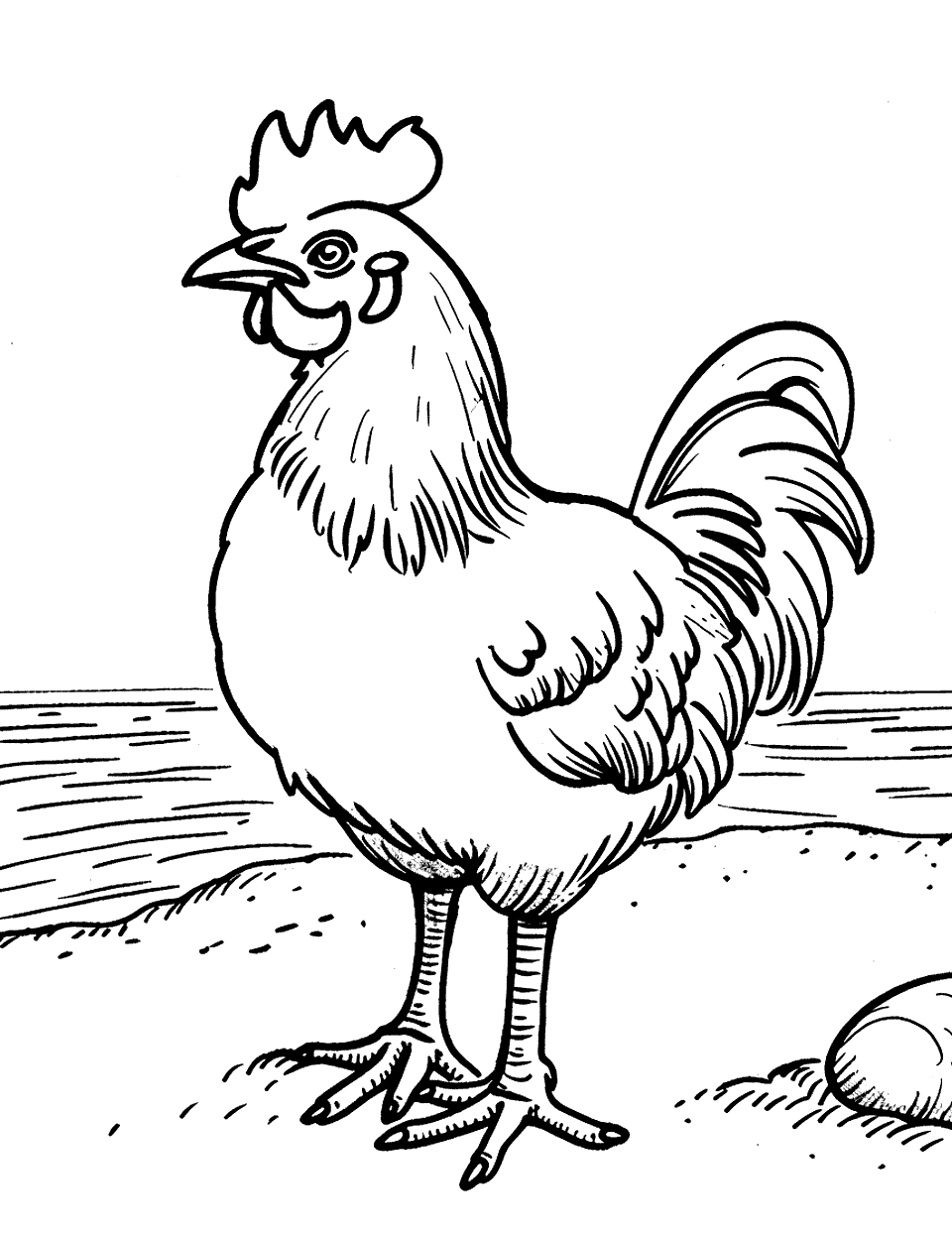 Chicken on the Seabeach Coloring Page - A relaxed chicken enjoying a simple sandy beach.