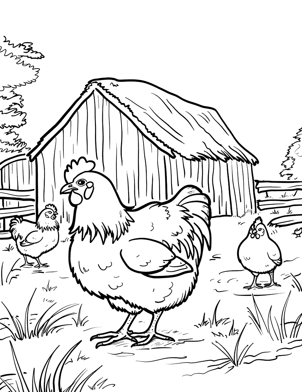 Farm Scene with Chickens Chicken Coloring Page - A lively farm scene focusing on chickens roaming freely, with a barn in the background.
