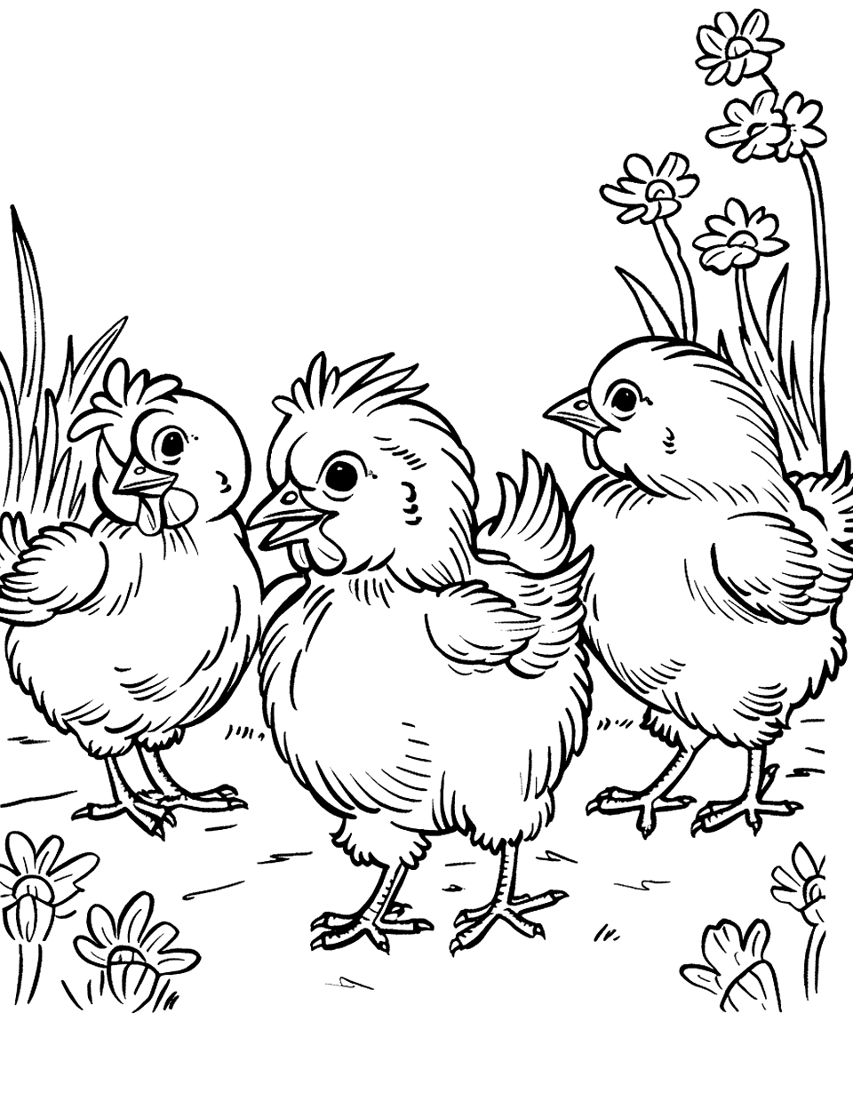 Chicks Playing in the Yard Chicken Coloring Page - A group of energetic chicks standing together in the yard.