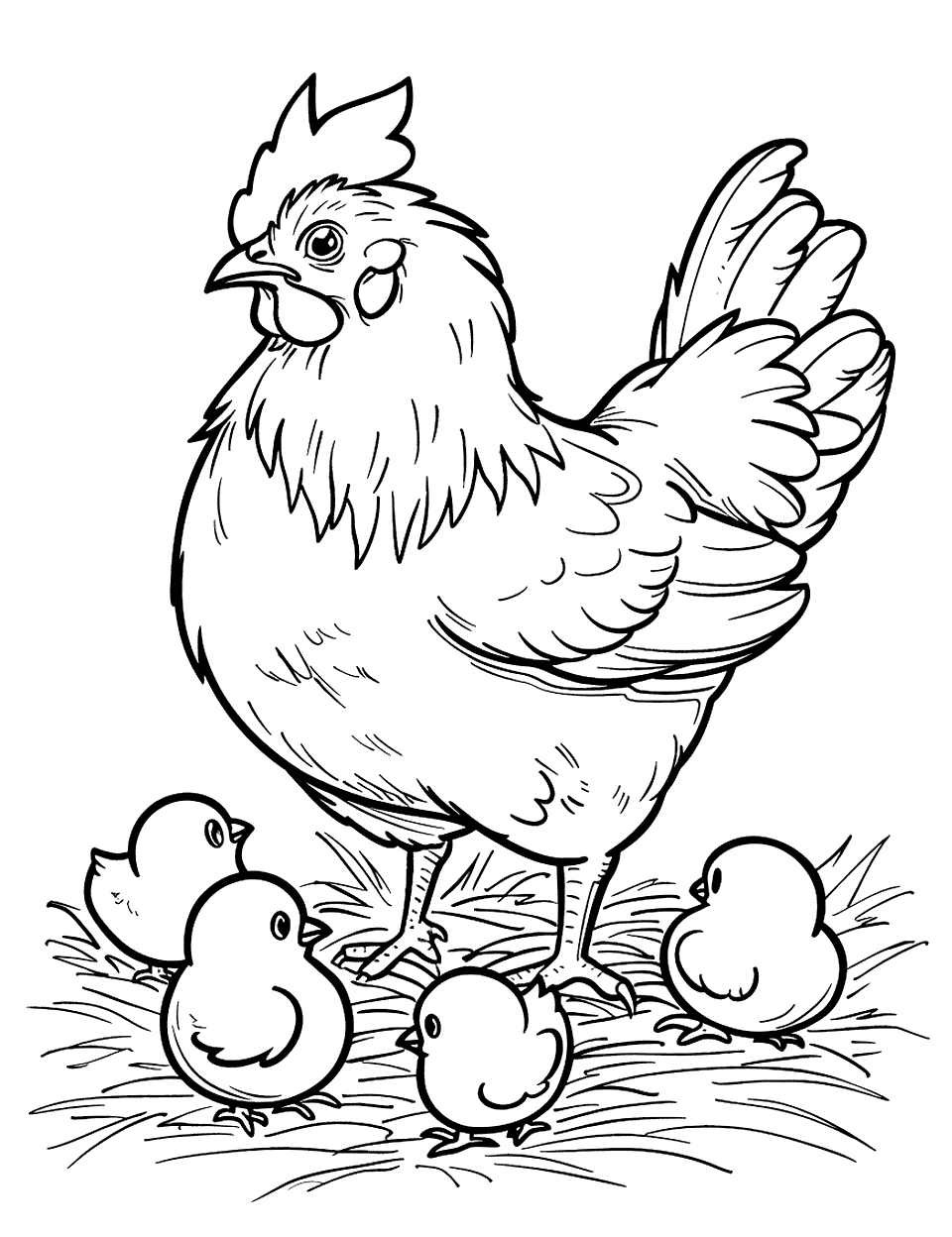 Mother Hen Teaching Chicks Chicken Coloring Page - A mother hen surrounded by her chicks.