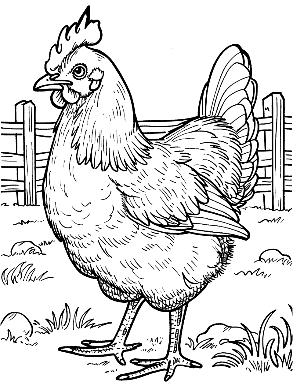 Chicken Exploring the Farm Coloring Page - A curious chicken exploring farm surroundings, with a simple fence in the background.
