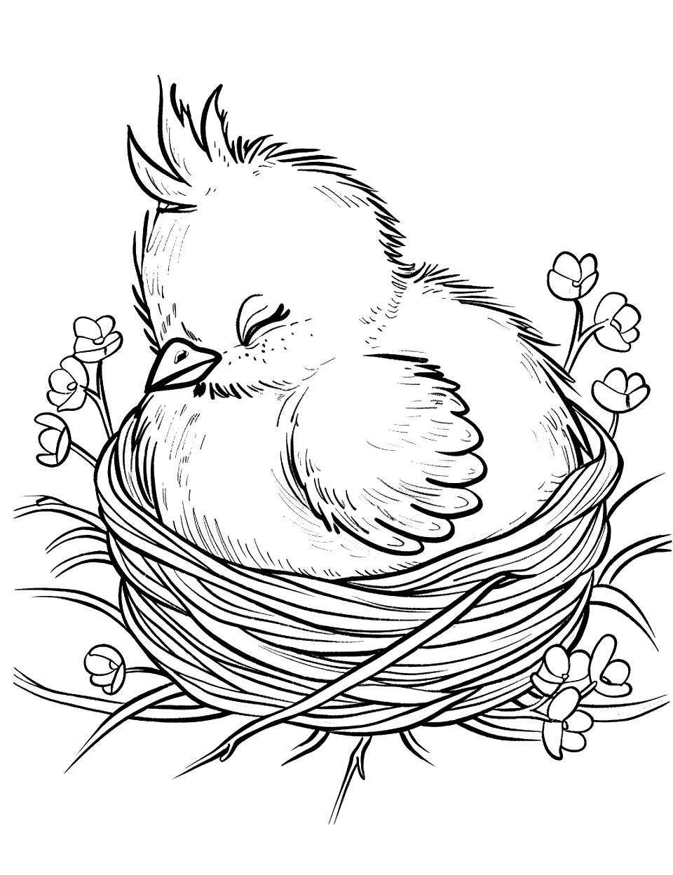 Sleepy Chick in a Nest Chicken Coloring Page - A peaceful scene with a sleepy chick cuddled up in a nest made of straw.