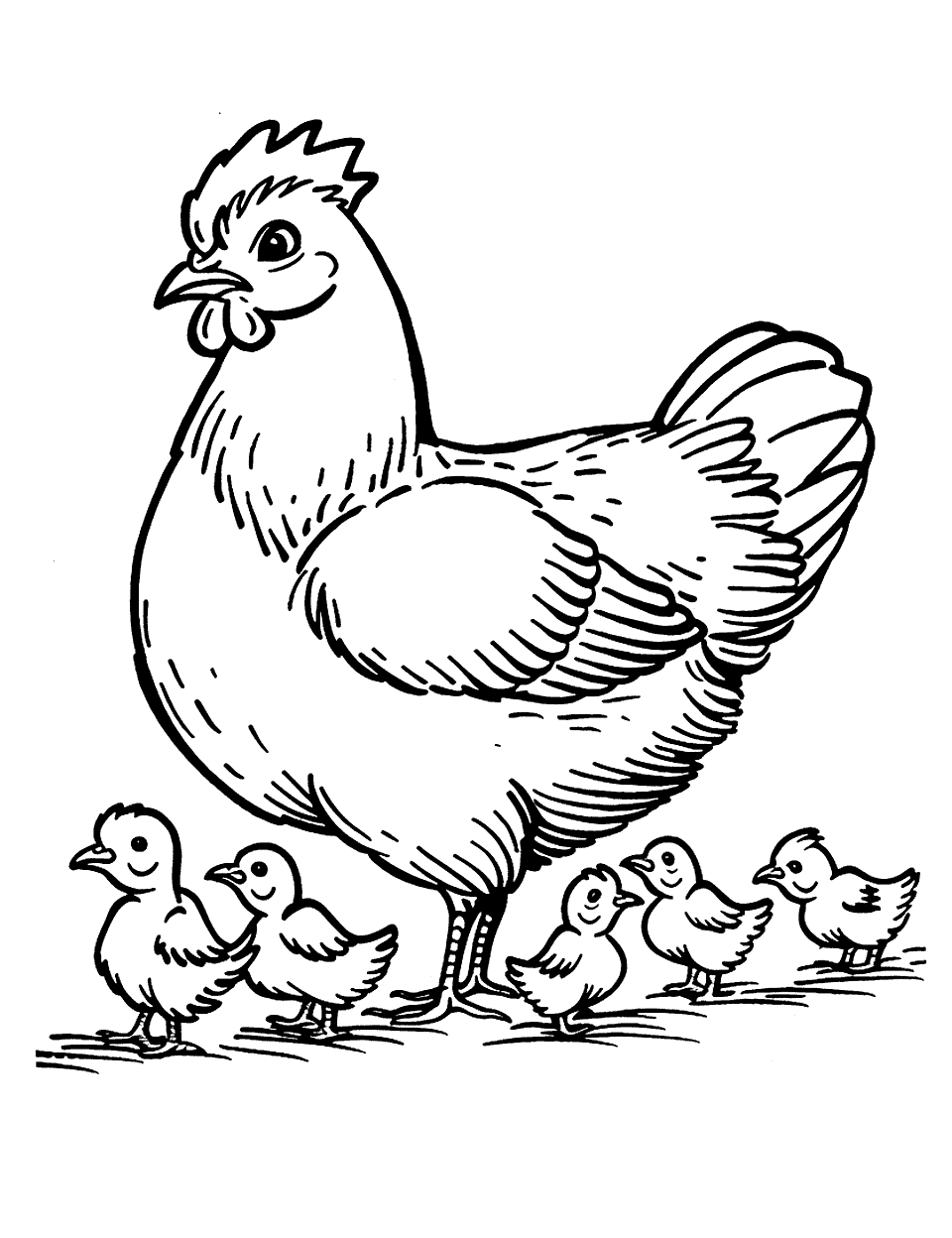 Hen with Chicks in a Row Chicken Coloring Page - A mother hen followed by her chicks, marching together.
