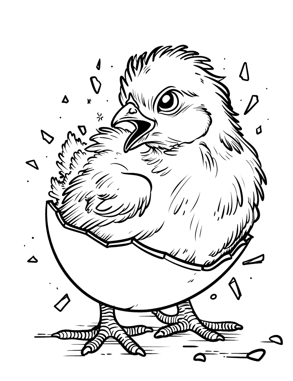 Chick Breaking Out of an Egg Chicken Coloring Page - A dynamic scene with a chick energetically breaking out of its eggshell.