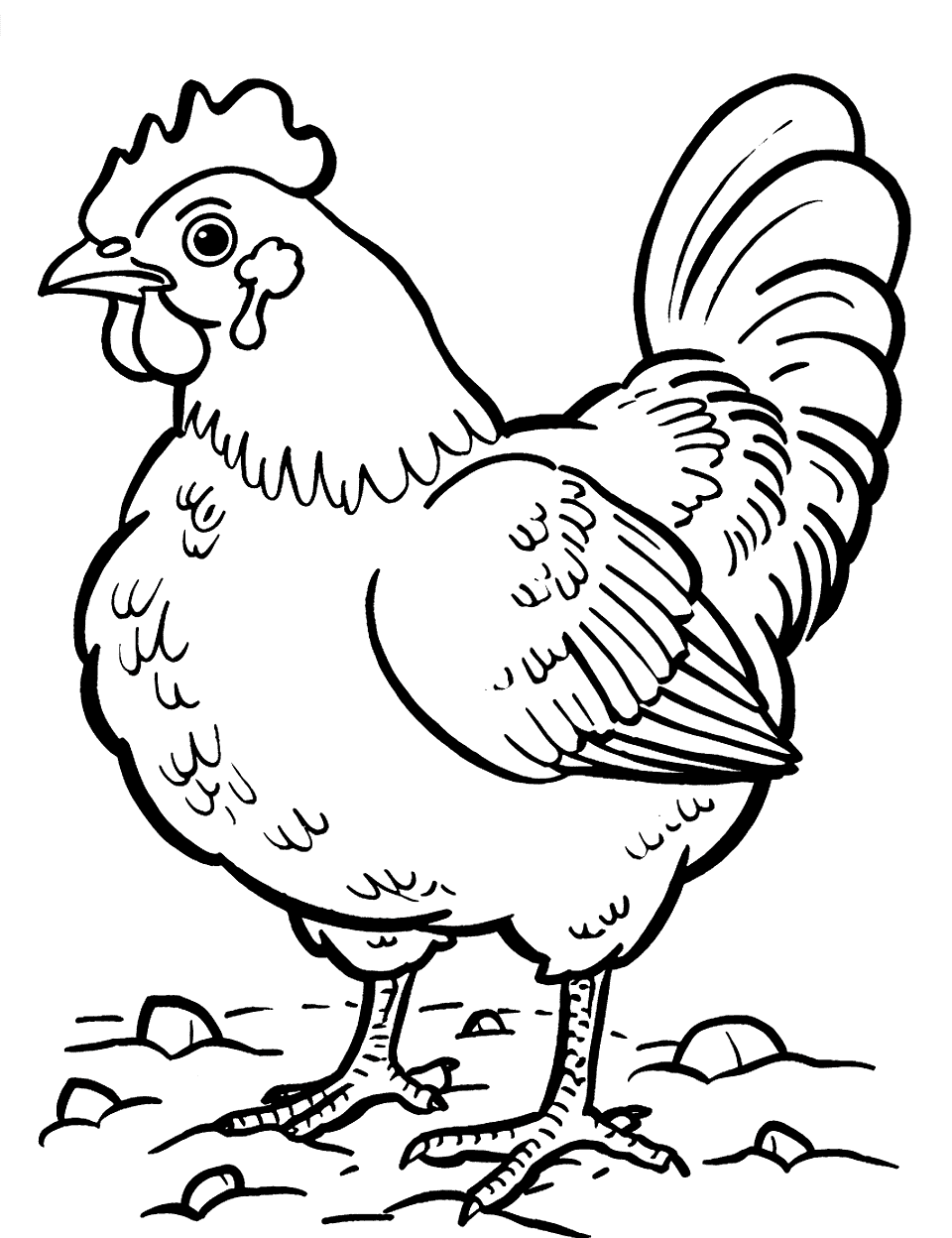 Simple Chicken Scene Coloring Page - A simple scene of a chicken standing on dirt for easy coloring.