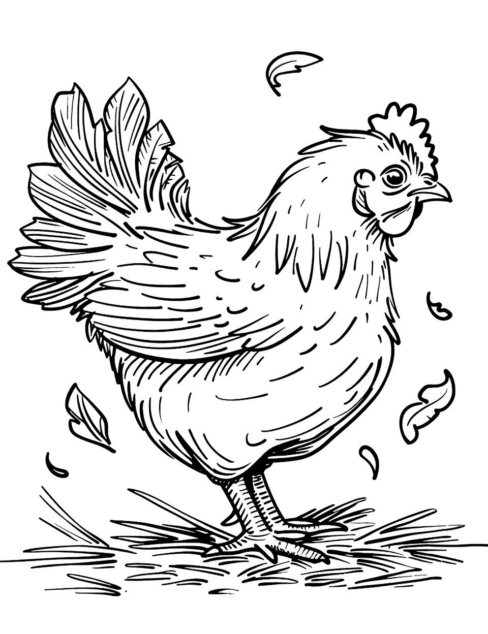 Pecking Chicken with Feathers Flying Coloring Page - A chicken pecking at the ground with some feathers fluttering in the air.