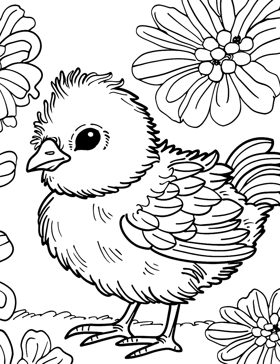 Chick Amongst Flowers Chicken Coloring Page - A tiny chick standing amongst large flowers, exploring the garden.