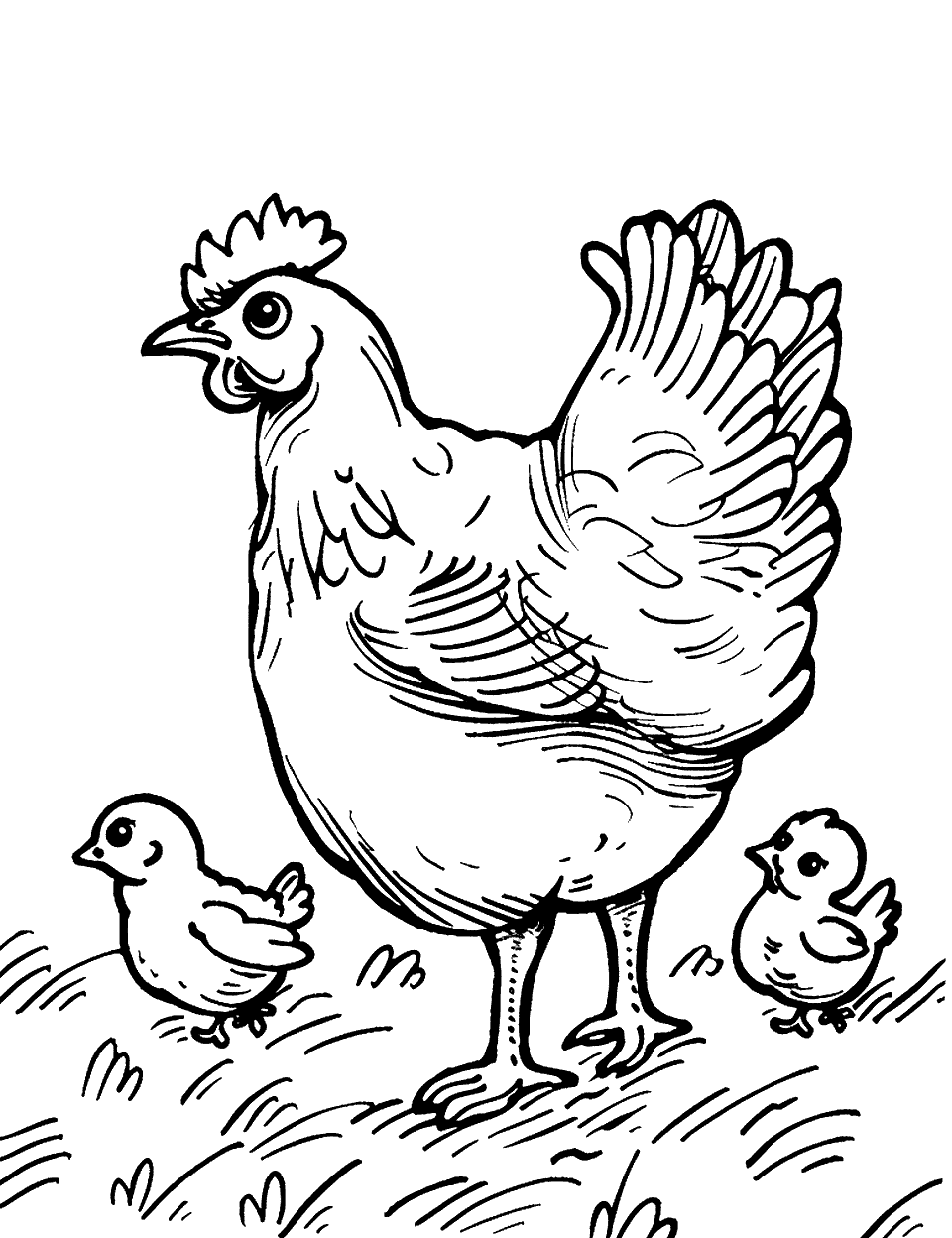 Chicken Family on a Walk Coloring Page - A mother hen leading her chicks on a walk through a simple, grassy field.
