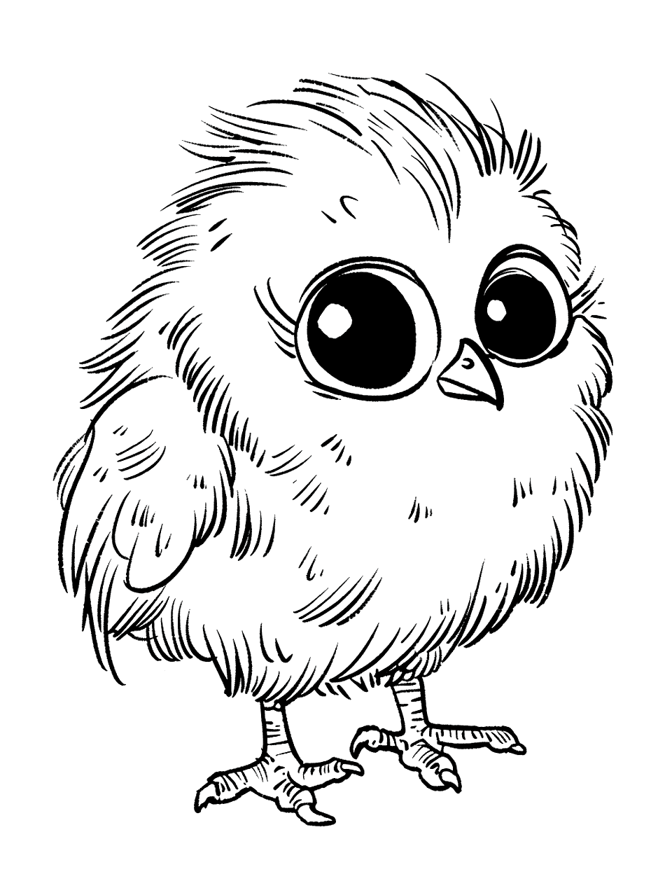 Fluffy Chick with Big Eyes Chicken Coloring Page - A fluffy chick with exaggeratedly big, cute eyes, looking directly at the viewer.