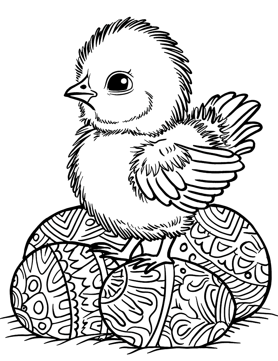 Chick with Easter Egg Patterns Chicken Coloring Page - A chick surrounded by eggs, each decorated with intricate Easter egg patterns.