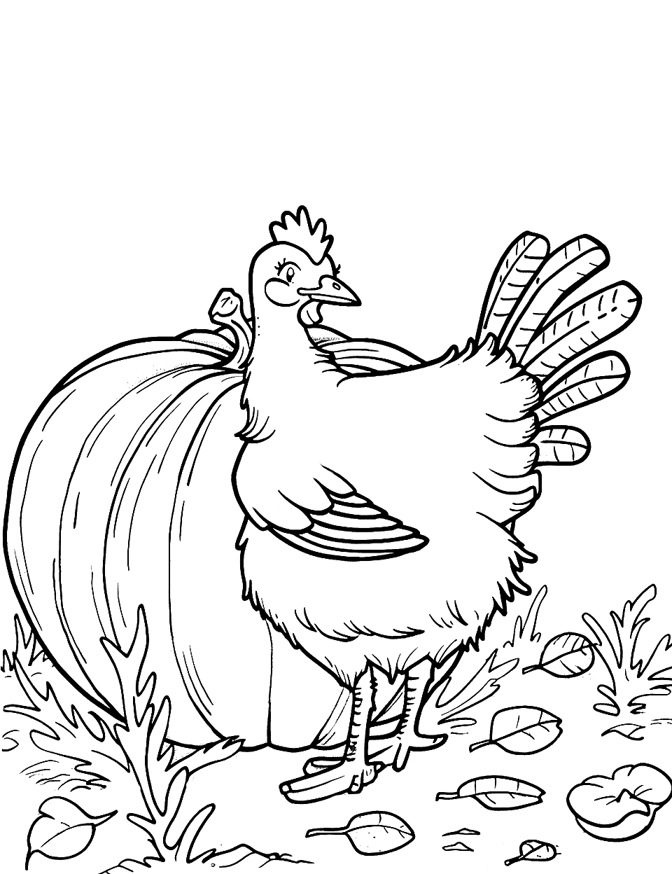 Hen and a Pumpkin Chicken Coloring Page - A hen curiously checking out a large pumpkin, set in a simple, autumnal scene.