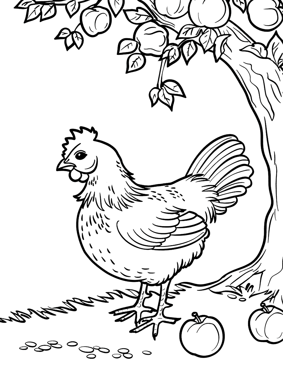 Chicken Under an Apple Tree Coloring Page - A peaceful chicken resting under an apple tree, with apples scattered around.