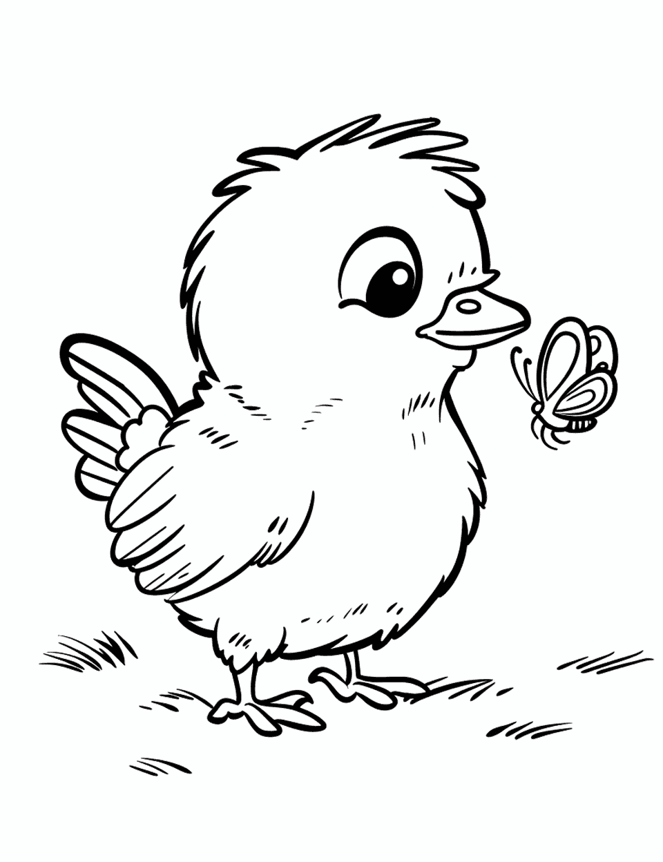 Chick and the Butterfly Chicken Coloring Page - A curious chick looking at a butterfly flying around it.