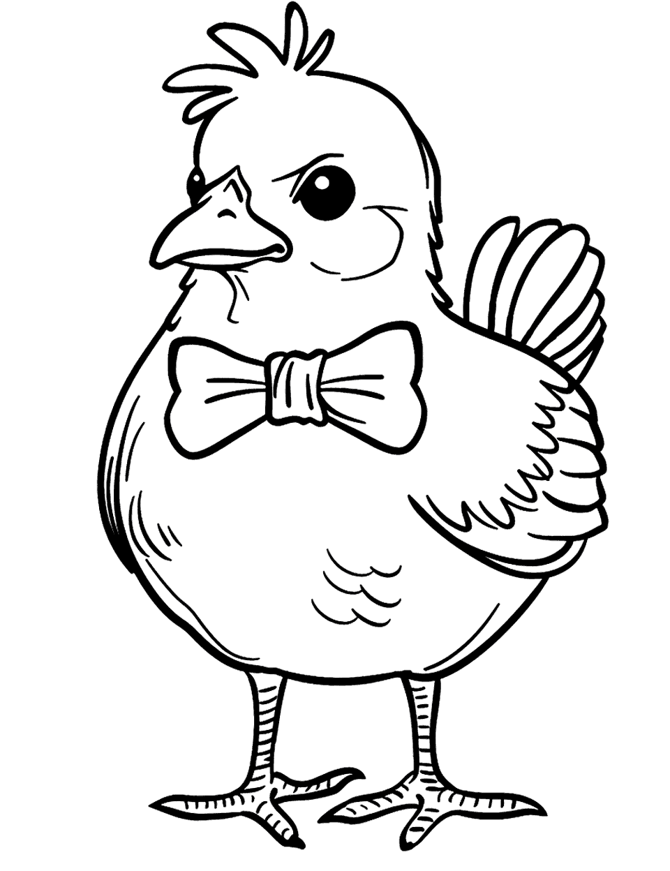 Chick Wearing a Bow Tie Chicken Coloring Page - A charming chick dressed up with a bow tie, looking dapper.