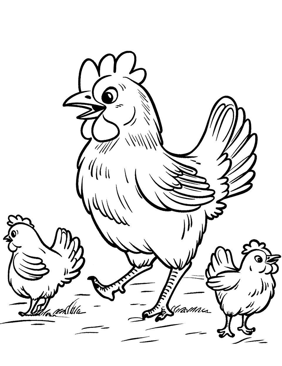 Dancing Chicken and Chicks Coloring Page - A joyful scene with a chicken and her chicks dancing together.