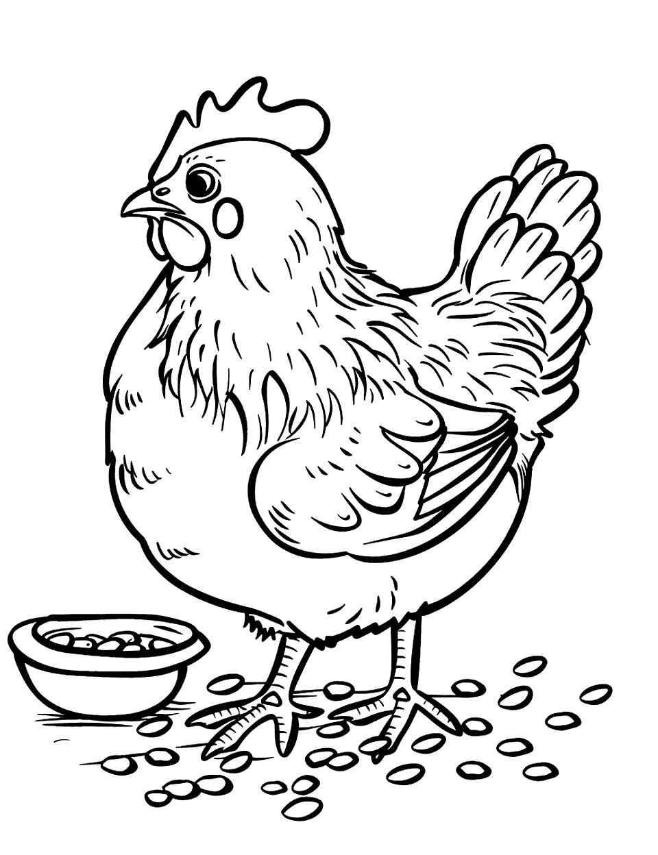 Chicken Enjoying Food Coloring Page - A happy chicken surrounded by grains and a small bowl of food.