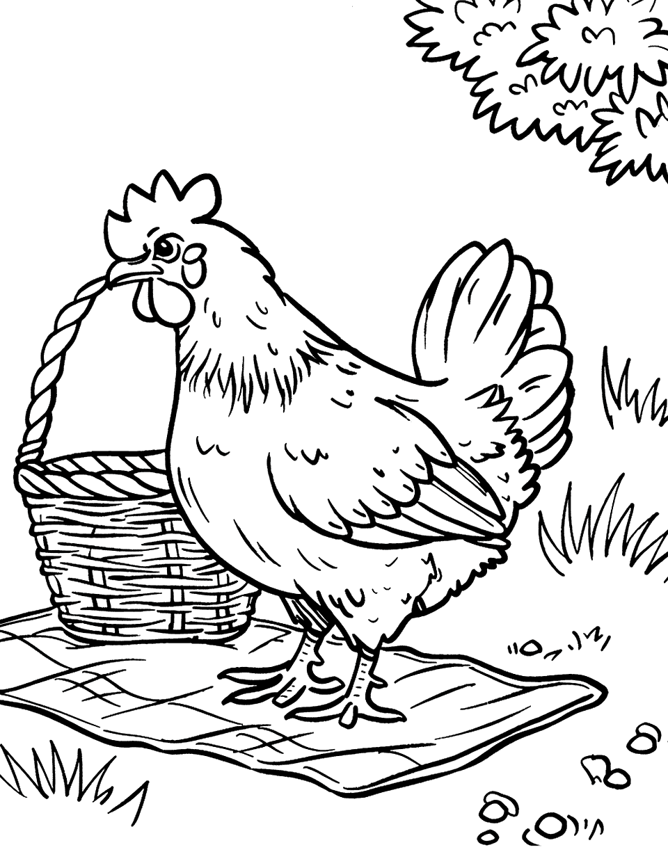 Chicken Picnic on the Farm Coloring Page - A chicken standing on a picnic blanket, with a picnic basket beside it.