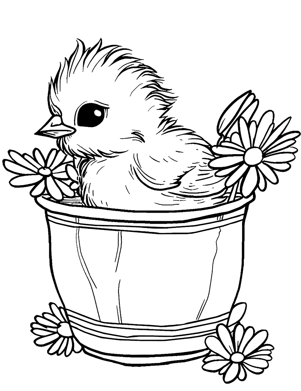 Chick Peeking from a Flower Pot Chicken Coloring Page - A shy chick peeking out from within a large flower pot.
