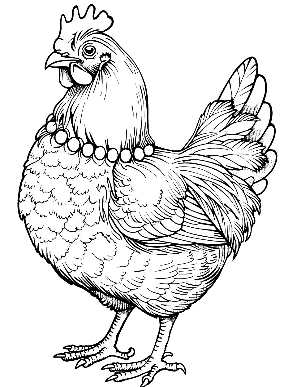 Hen with a Necklace of Grains Chicken Coloring Page - An elegant hen adorned with a necklace made of golden grains.