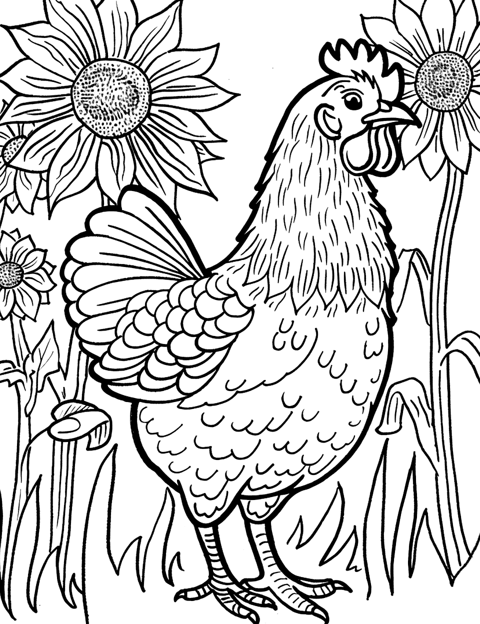 Chicken in a Field of Sunflowers Coloring Page - A chicken wandering through a simple field filled with tall sunflowers.