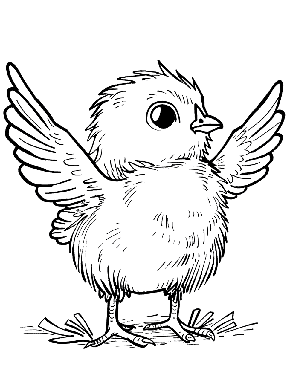 Chick Trying to Fly Chicken Coloring Page - A determined chick flapping its wings, attempting to take off from the ground.