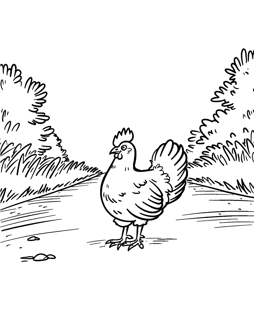 Chicken Crossing the Road Coloring Page - A humorous take on the classic joke, with a chicken cautiously crossing a simple road.