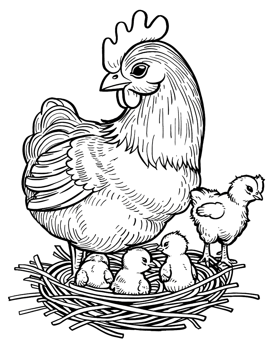Mother Hen with Chicks Chicken Coloring Page - A mother hen surrounded by her tiny, fluffy chicks in a cozy nest.