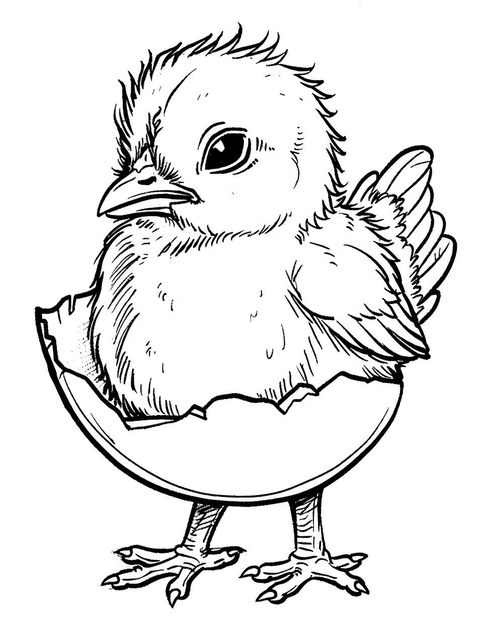 Baby Chick Just Hatched Chicken Coloring Page - A cute, baby chick emerging from an eggshell, looking curious.