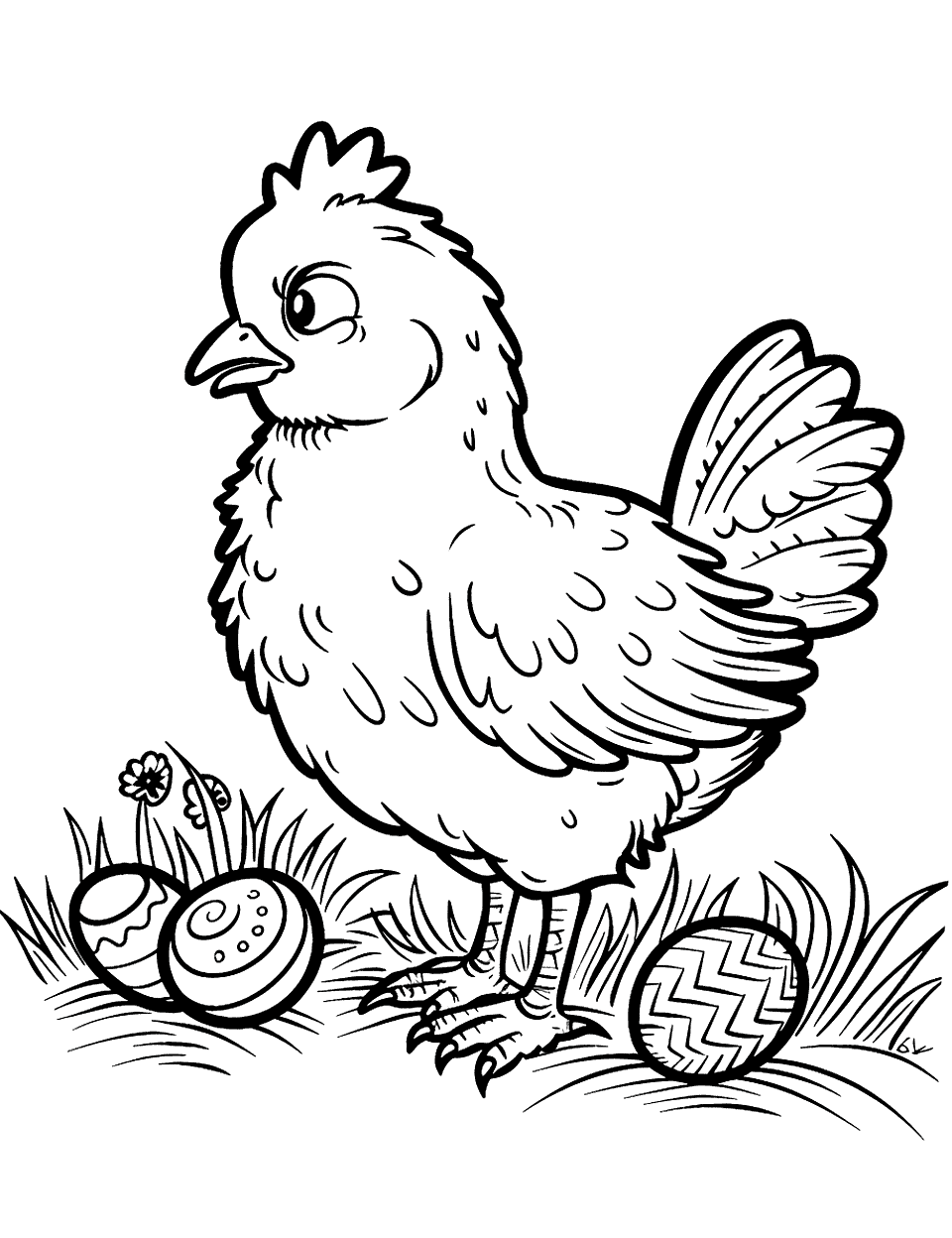 Easter Chicken with Eggs Coloring Page - A festive scene with a chicken beside a basket of beautifully decorated Easter eggs.