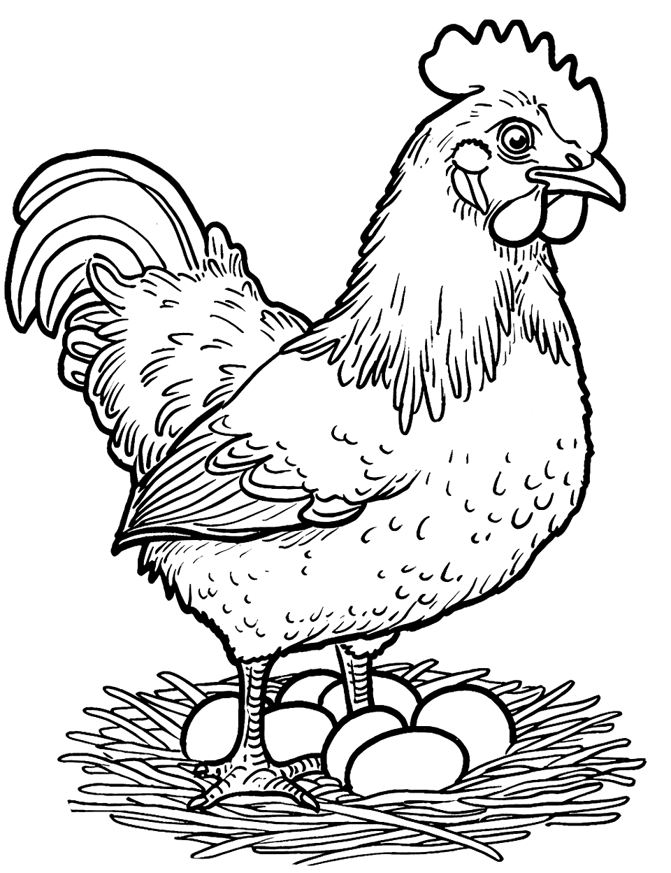 Hen Watching Over Eggs Chicken Coloring Page - A vigilant hen standing over a nest filled with eggs, ready to hatch.