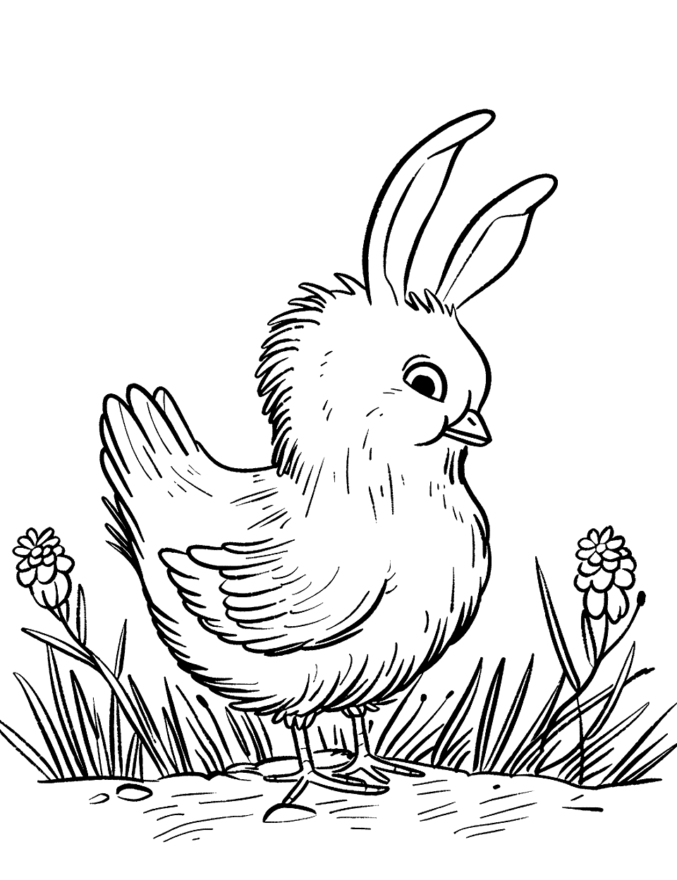 Bunny-Shaped Chicken Coloring Page - A whimsical scene with a chicken playfully shaped like a bunny, blending themes of Easter and whimsy.